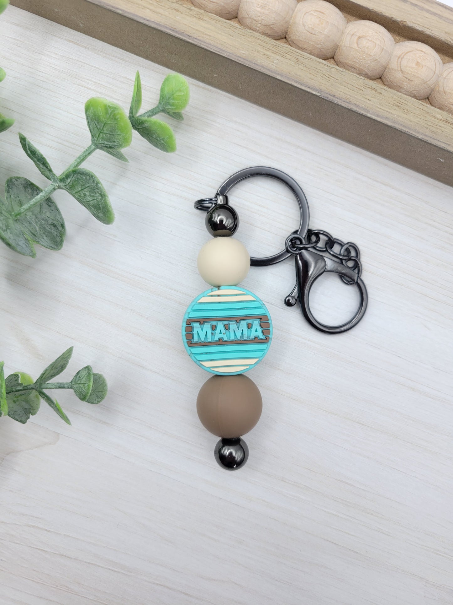 Teal/Brown/Cream Mama Barbell Keychain