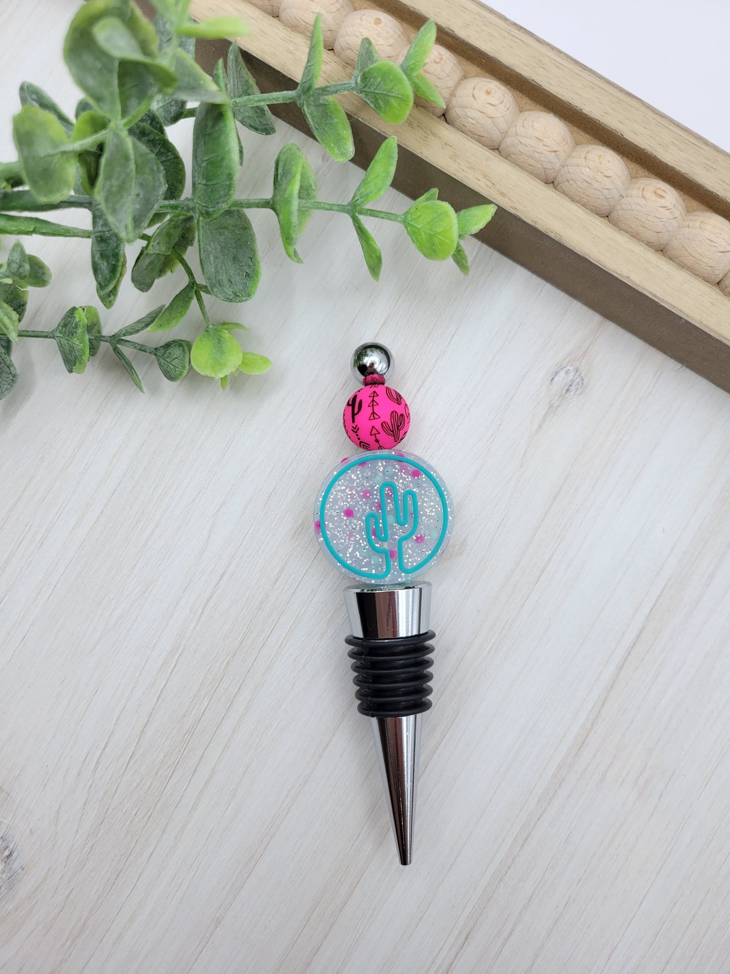Teal Glitter Cactus Wine Bottle Stopper