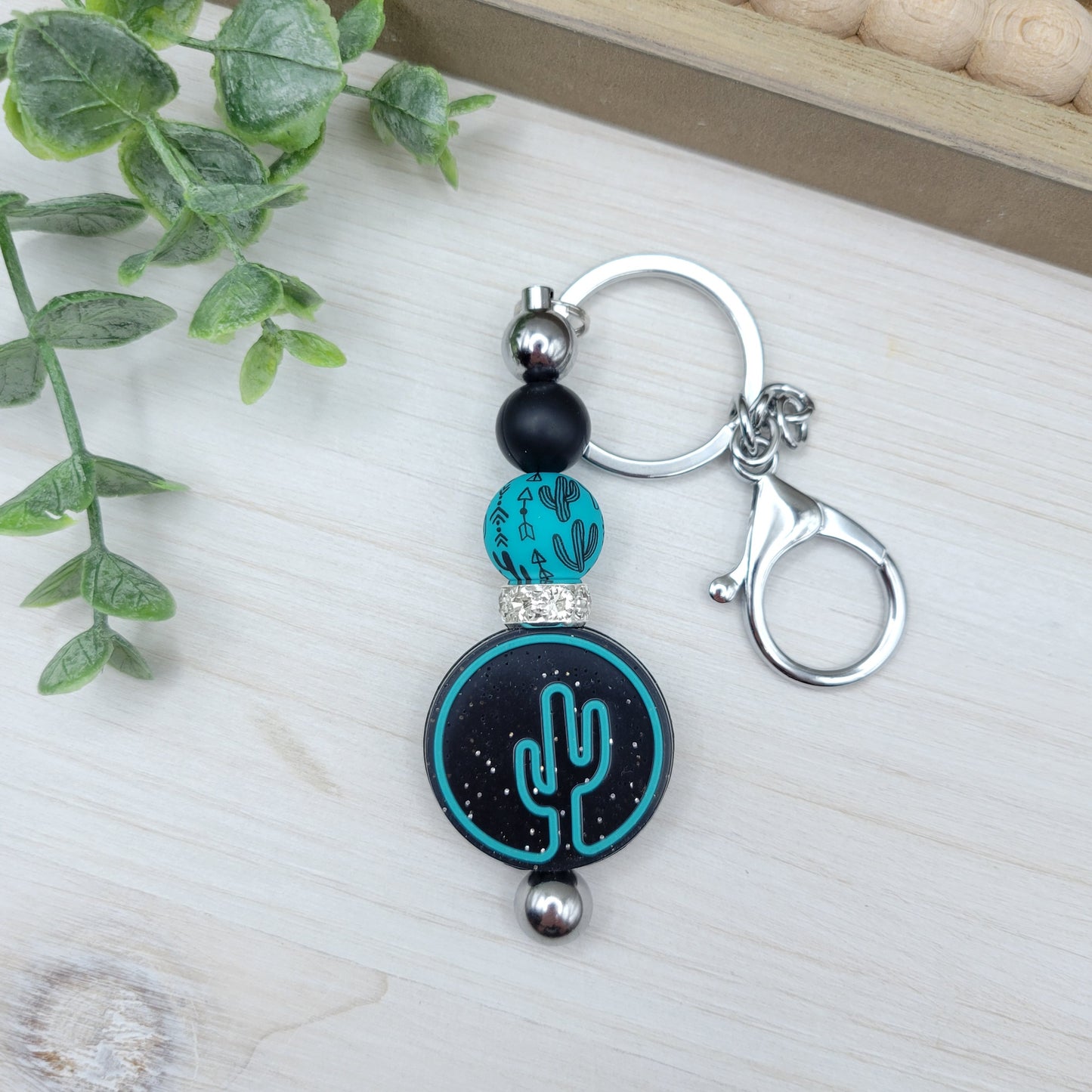 Black Glitter Cactus Barbell Keychain (options)