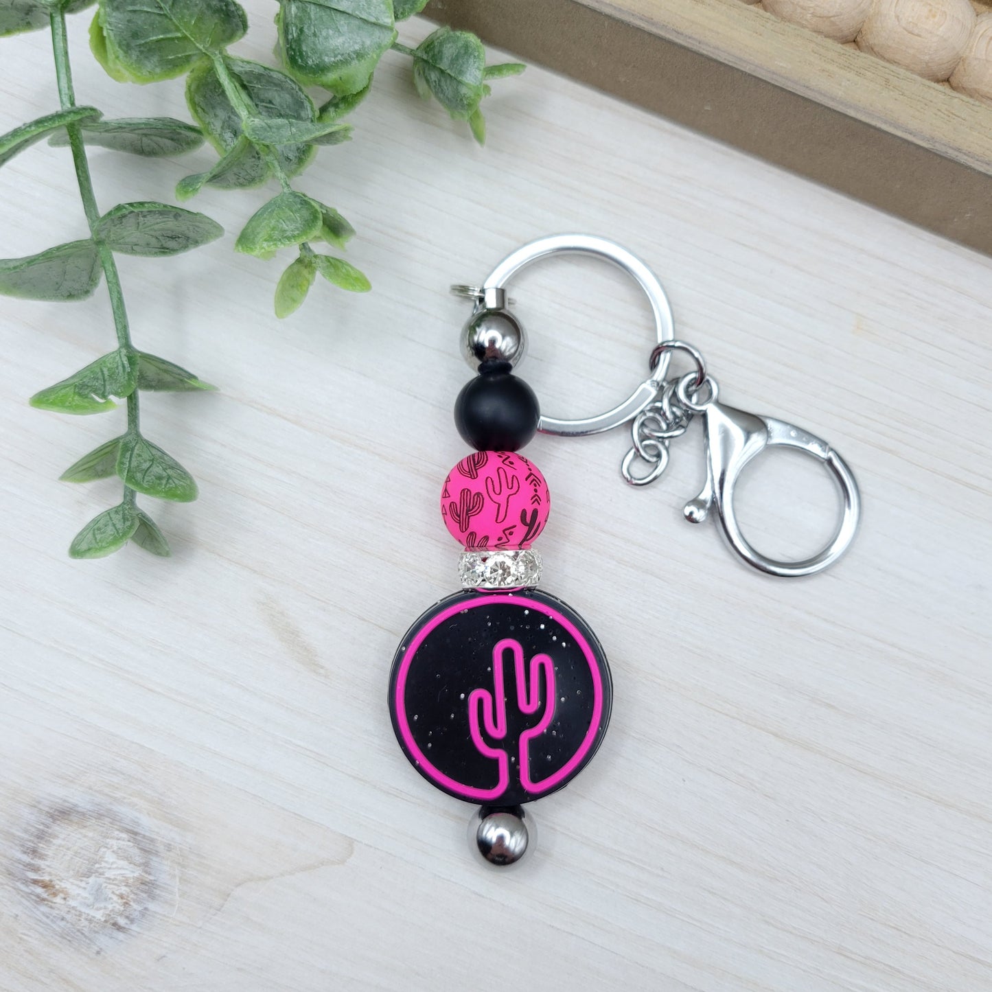 Black Glitter Cactus Barbell Keychain (options)