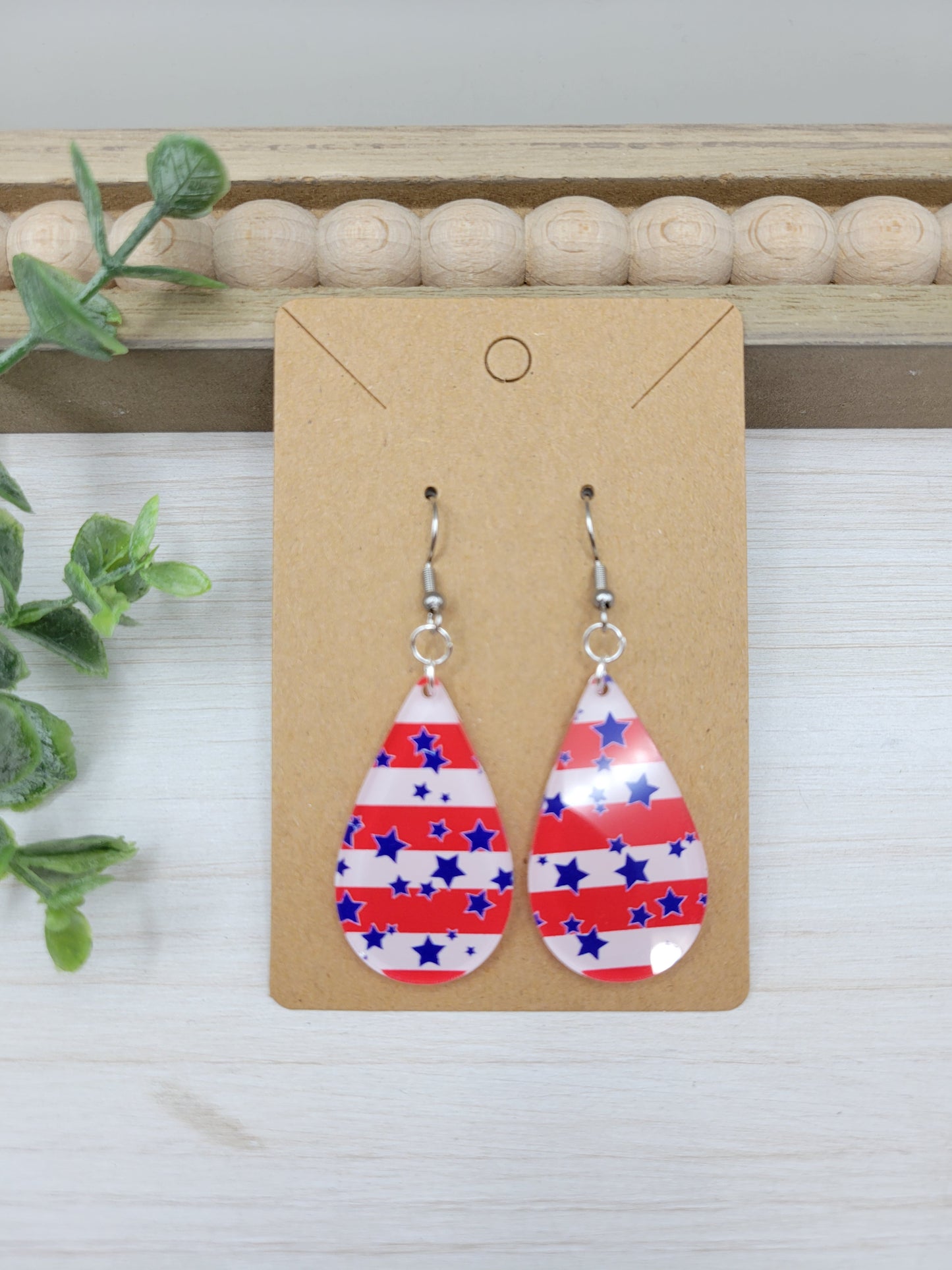 USA Red Stripe Acrylic Teardrop Earrings