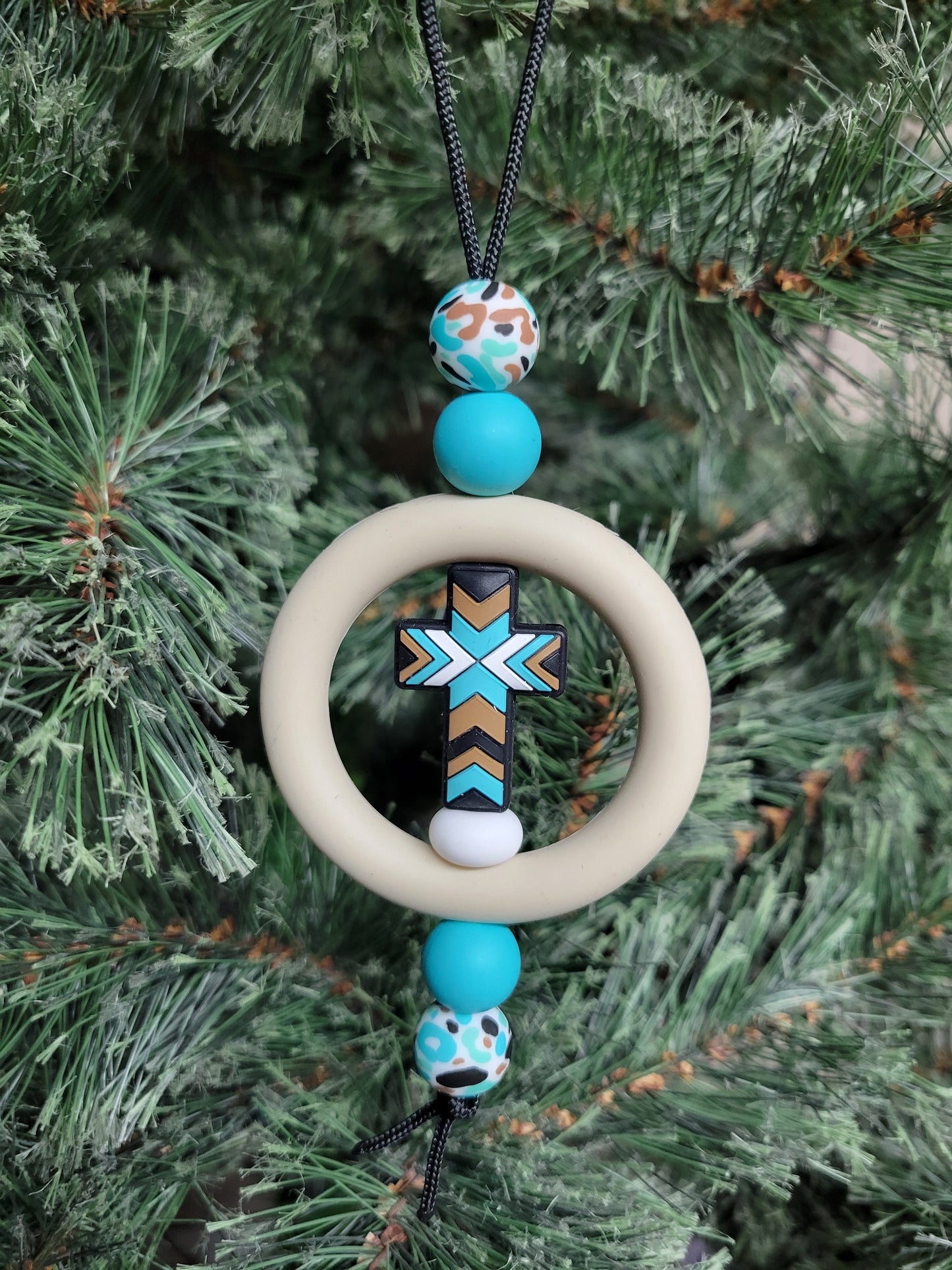 Teal & Tan Cross Christmas Tree Ornament