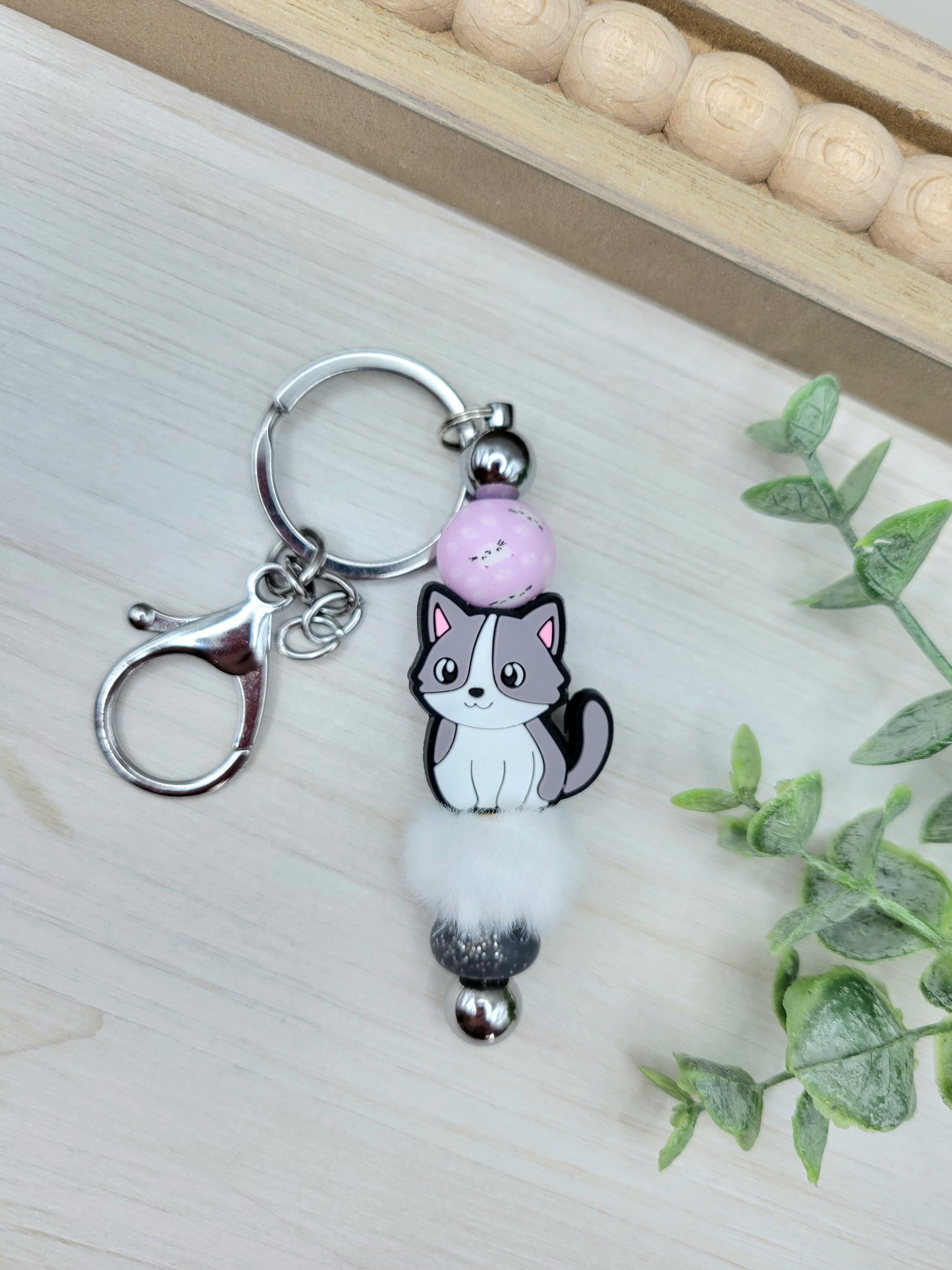 Fuzzy Gray & White Kitty Barbell Keychain