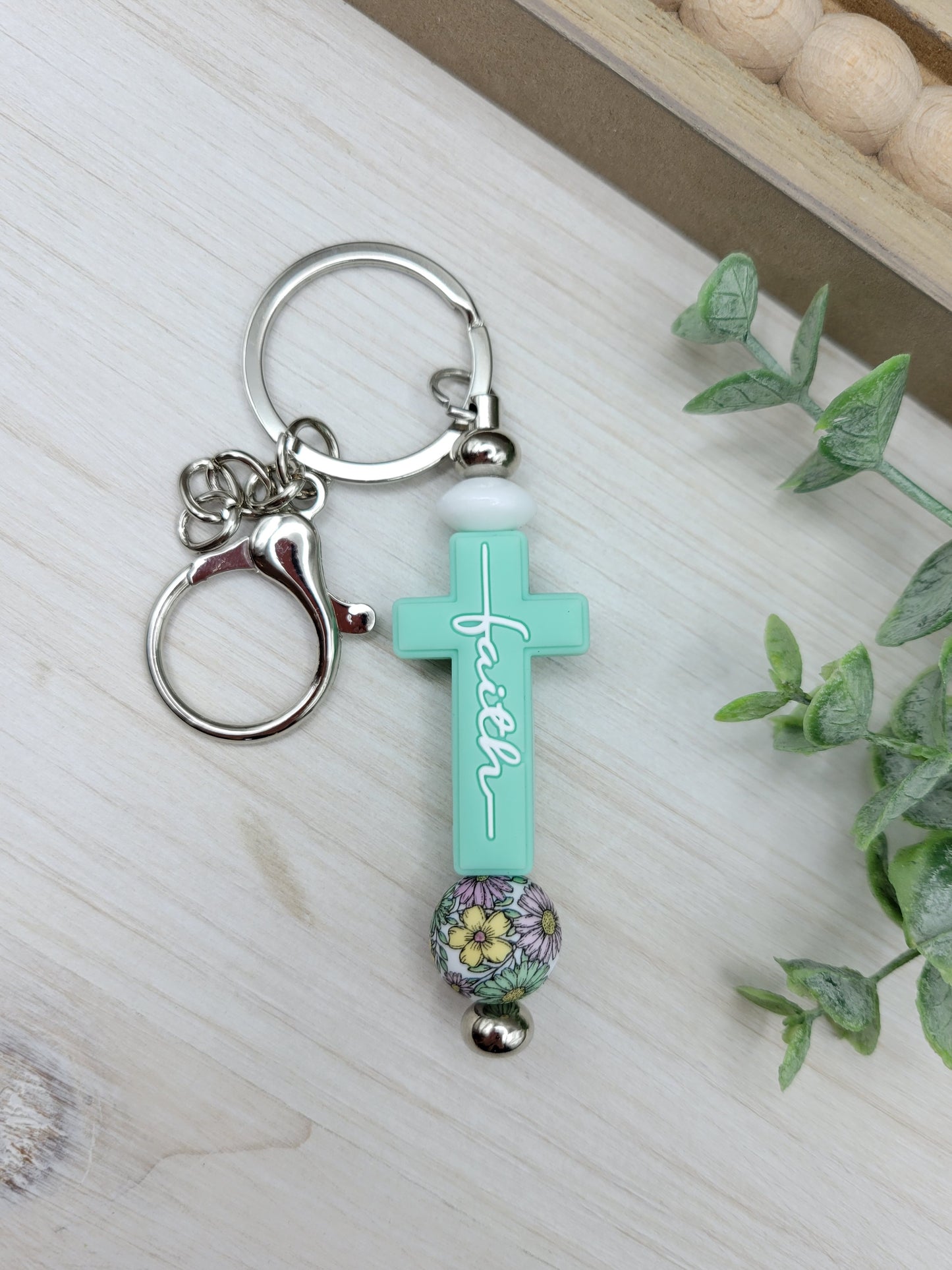 Mint Faith Cross Barbell Keychain