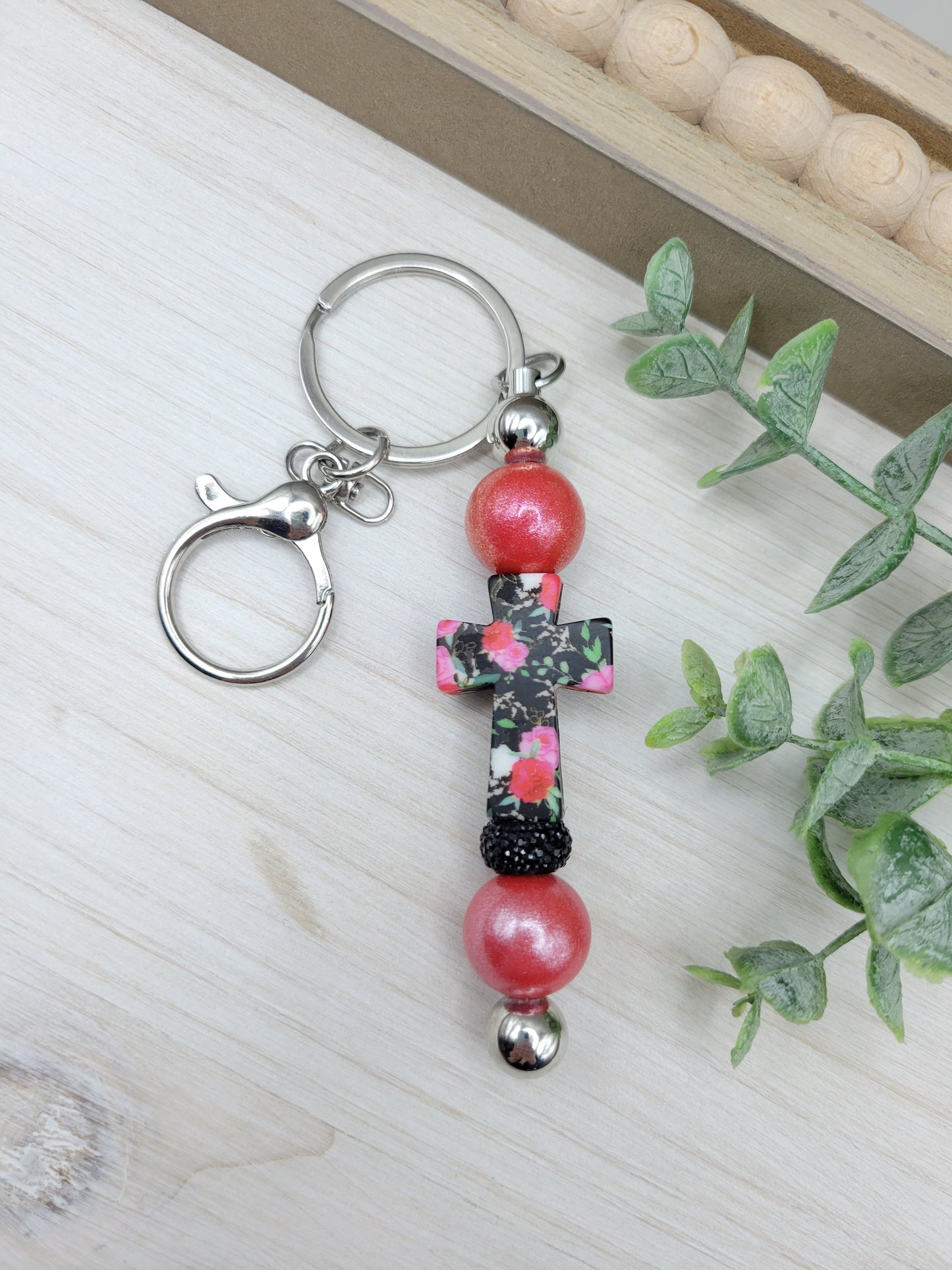 Red Floral Cross Barbell Keychain