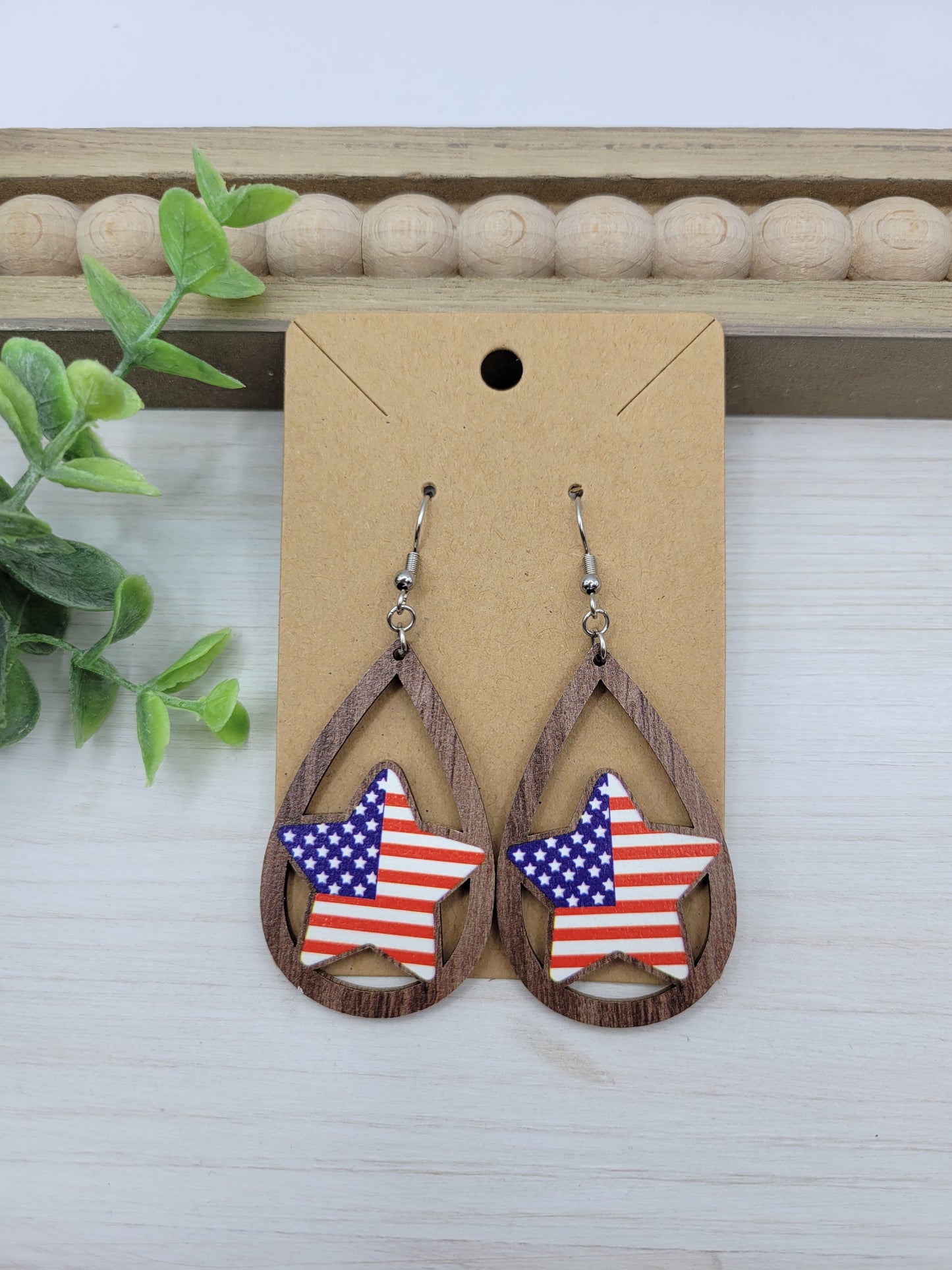Wooden USA Star Earrings