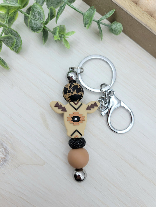 Tan Aztec Cow Barbell Keychain