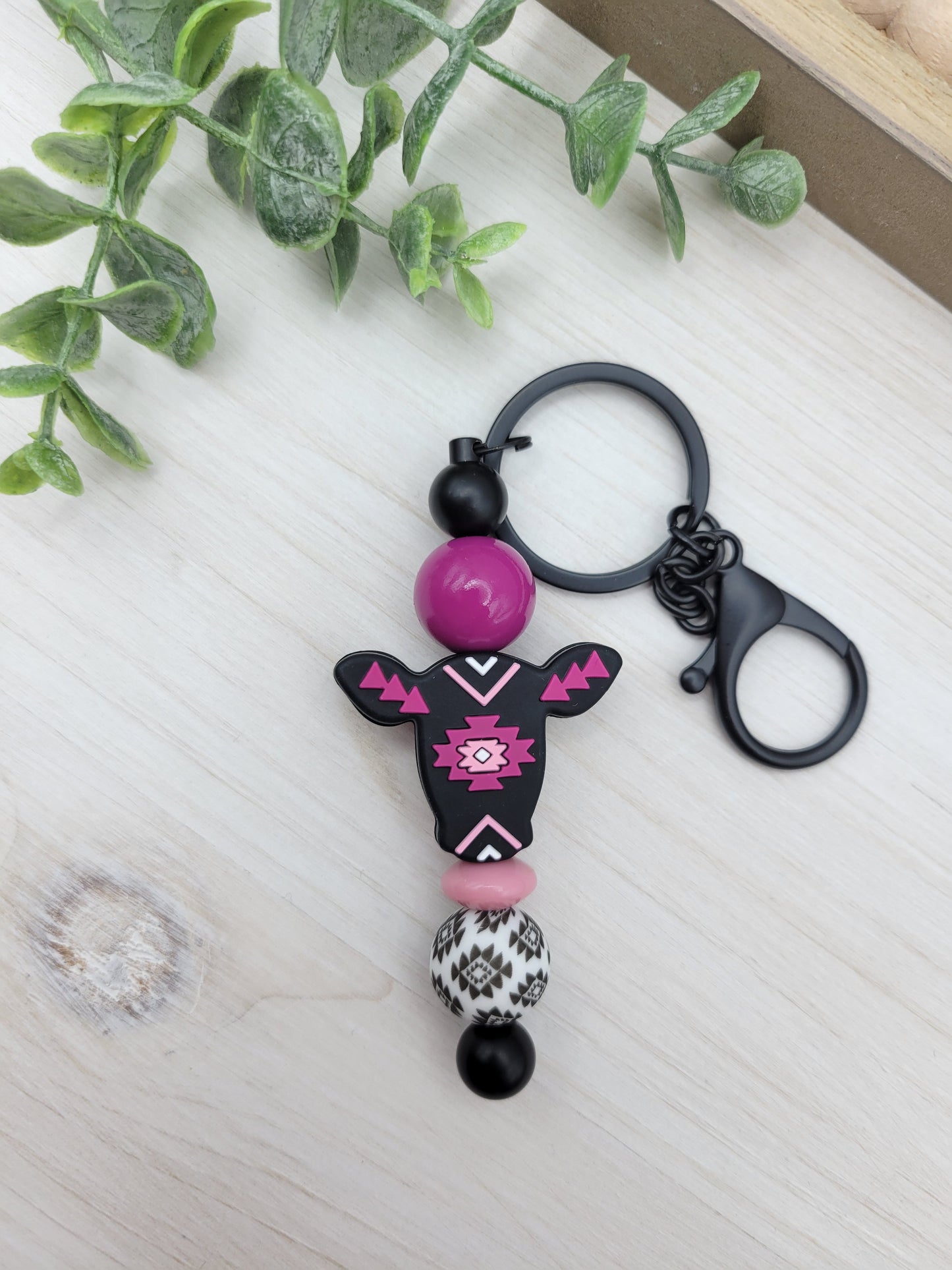 Black & Pink Aztec Cow Barbell Keychain