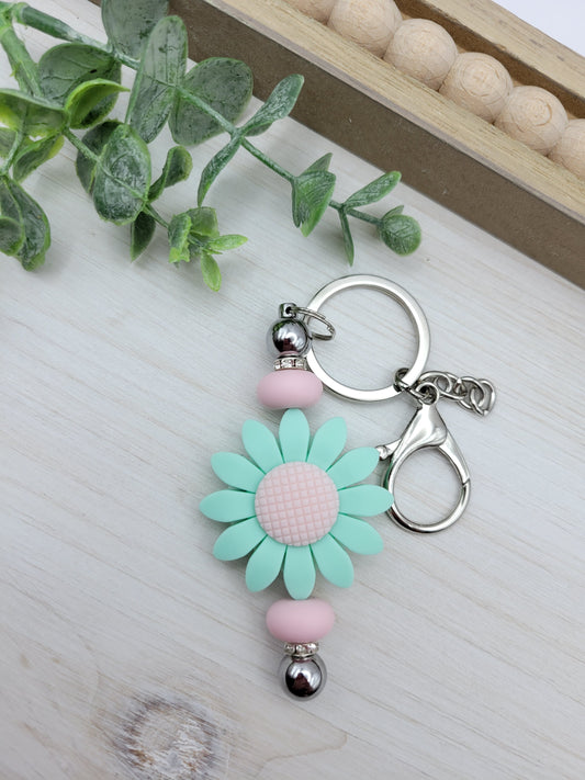 Mint & Pink Sunflower Barbell Keychain
