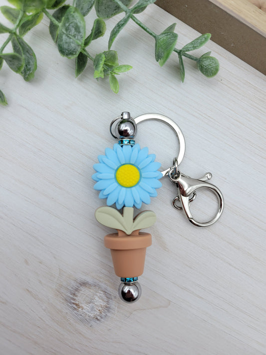 Potted Blue Daisy Barbell Keychain