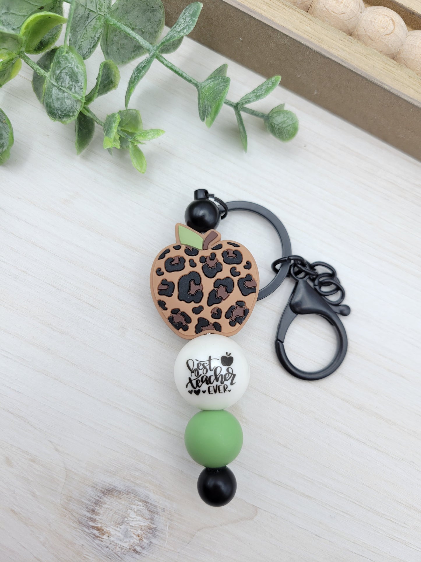 Leopard Apple Teacher Barbell Keychain