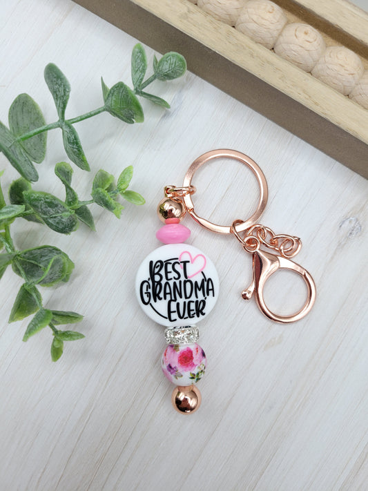 Floral Best Grandma Ever Barbell Keychain