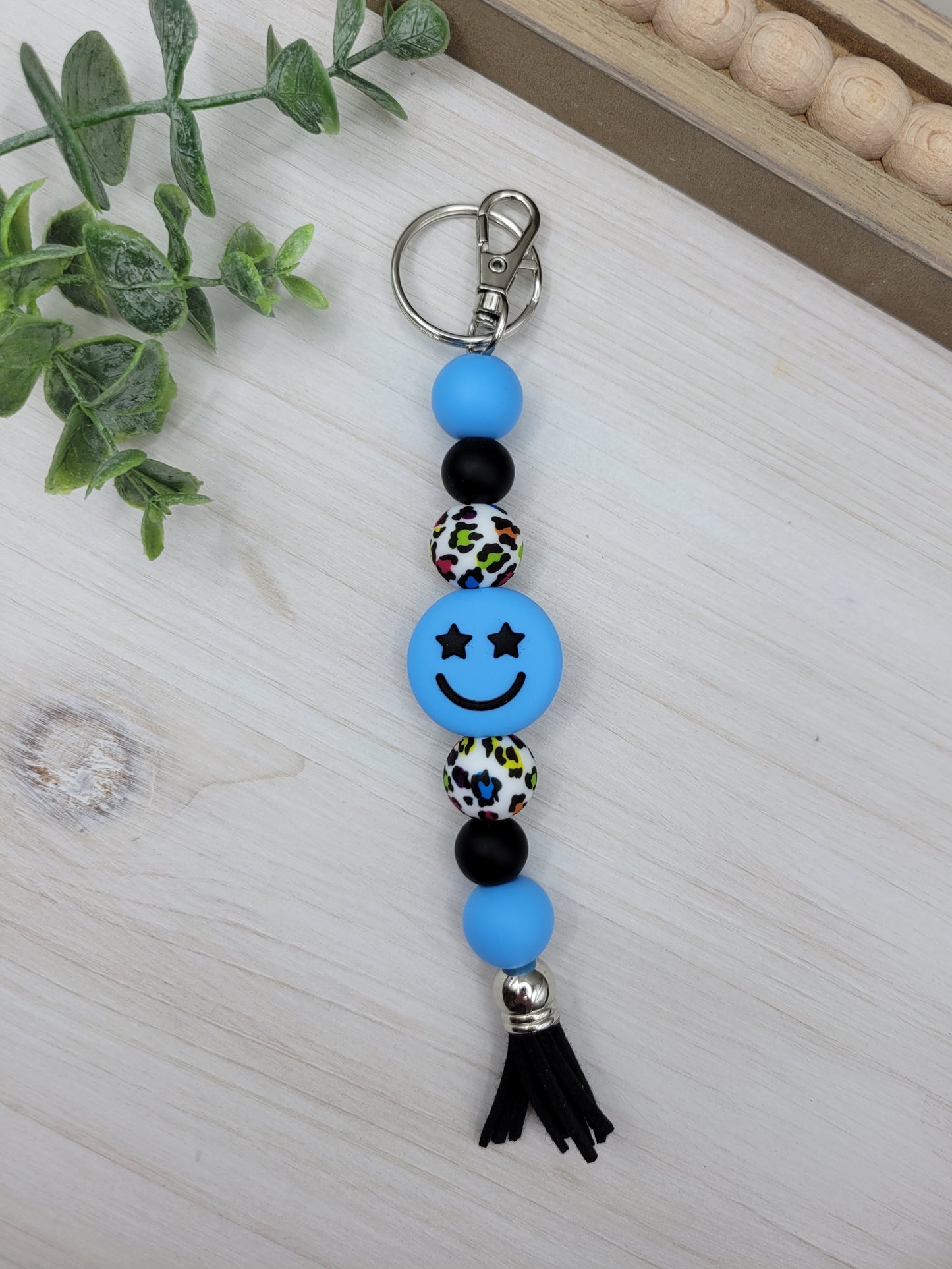 Blue Smiley Face Tassel Keychain