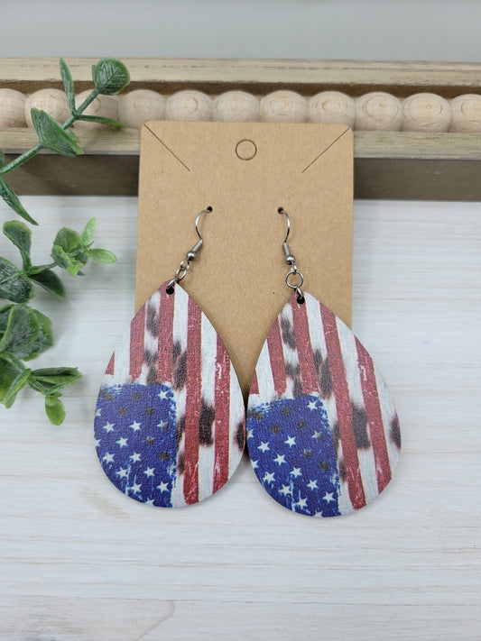 USA Flag Wooden Teardrop Earrings