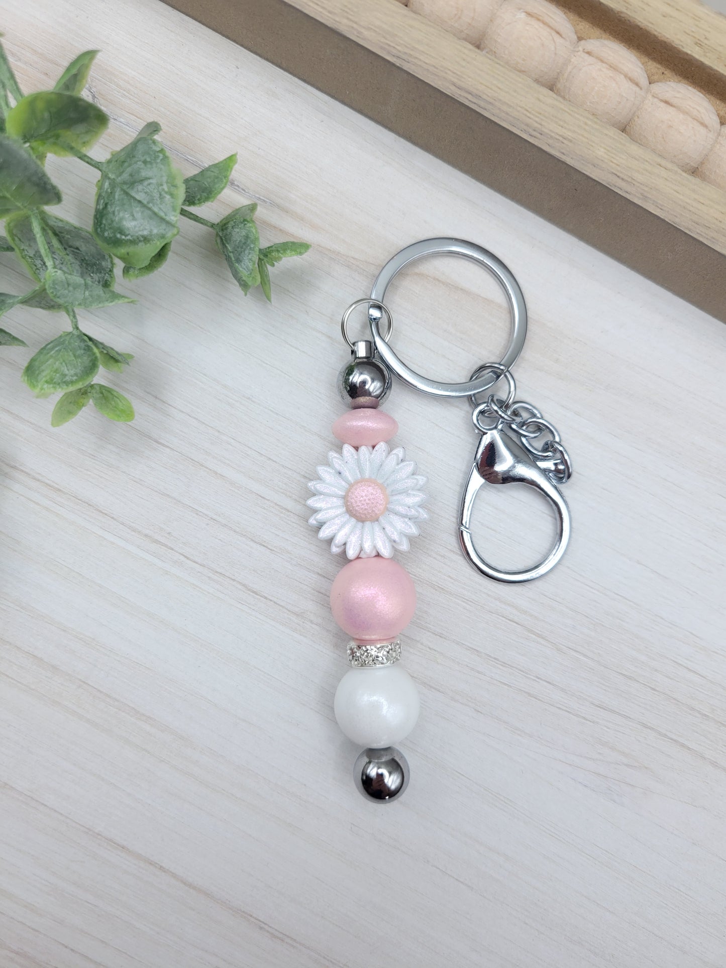 White & Pink Opal Daisy Barbell Keychain