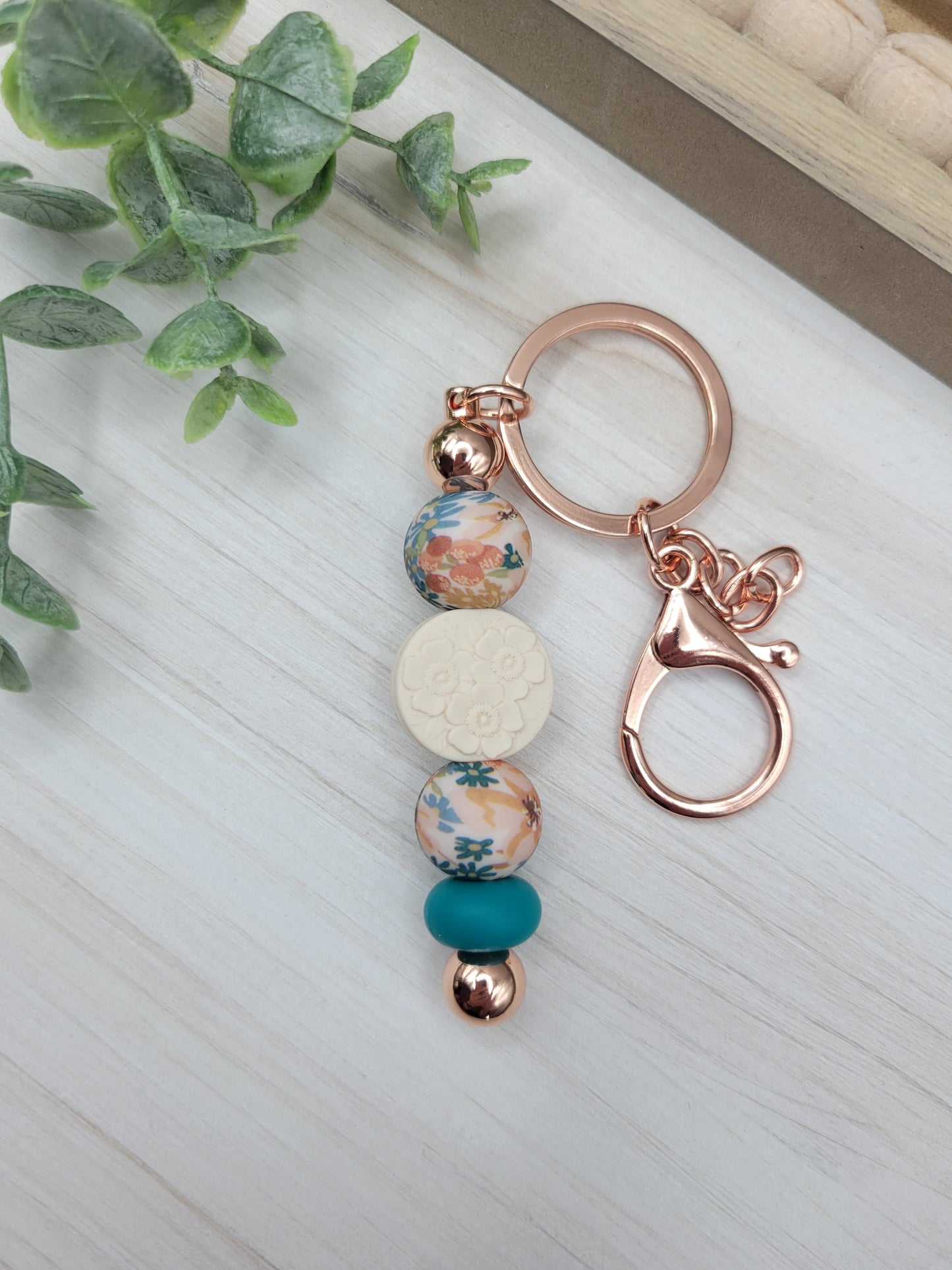 Cream Floral Barbell Keychain