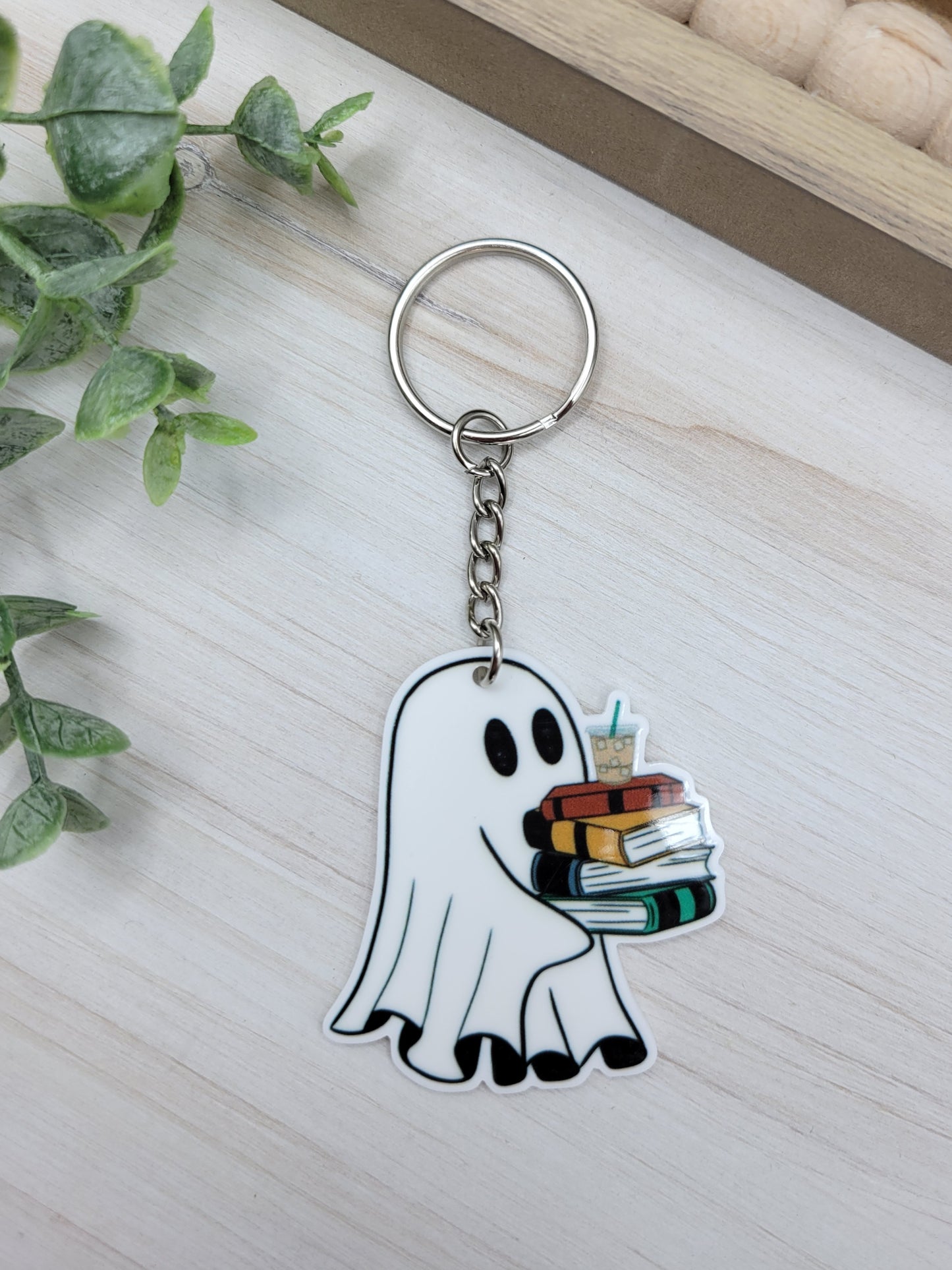 Ghost w/ Books & Iced Coffee Keychain Charm