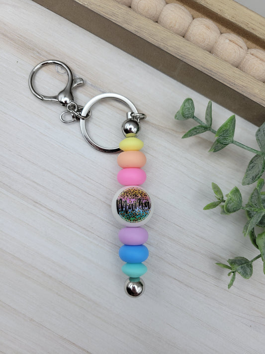 Pastel Leopard Mama Barbell Keychain