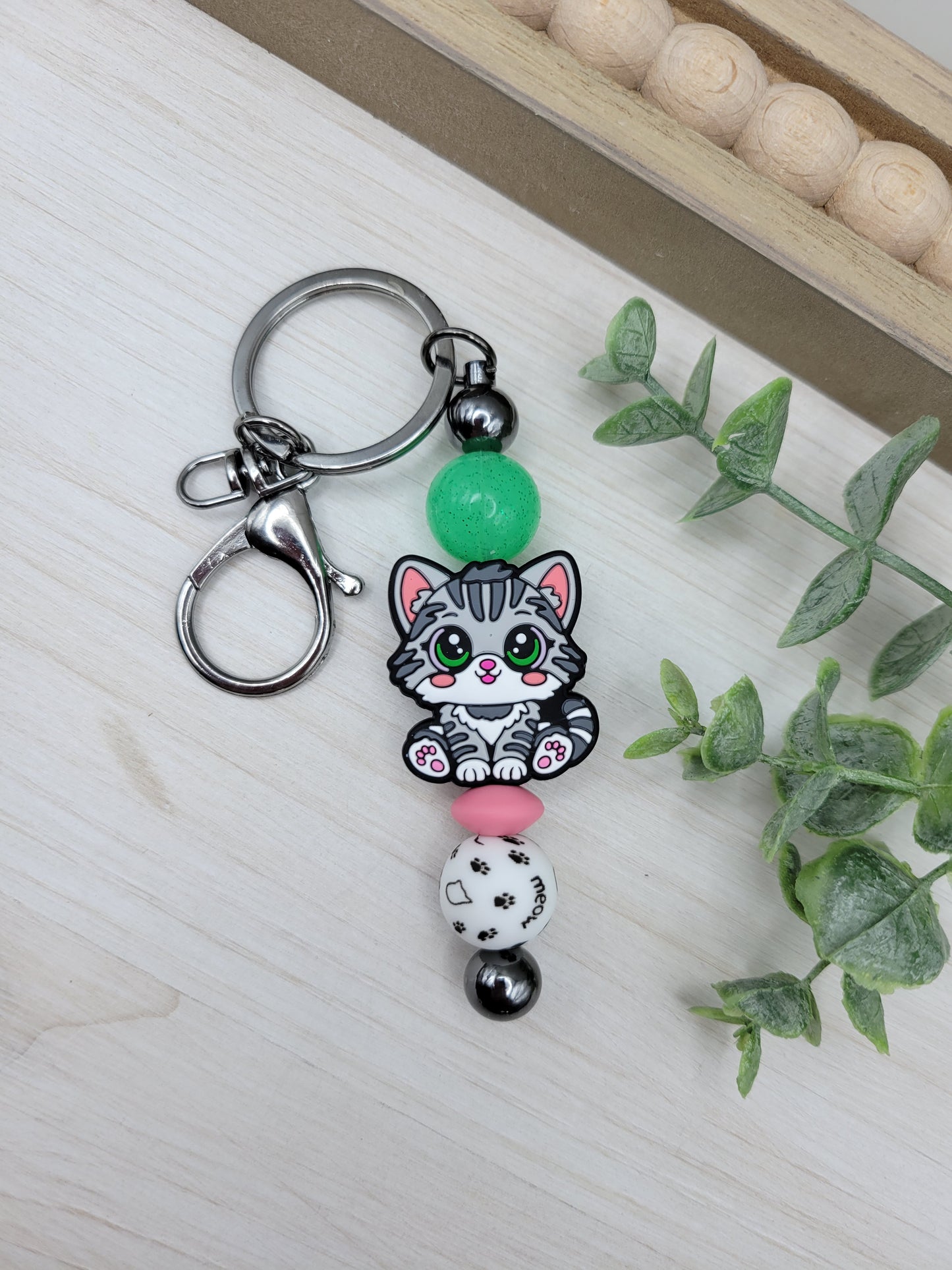 Cute Striped Gray Cat Barbell Keychain