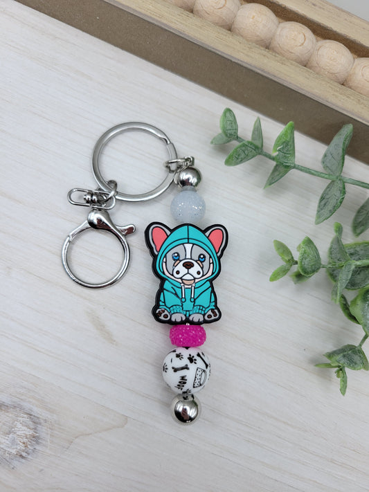 Dog in Teal Hoodie Barbell Keychain