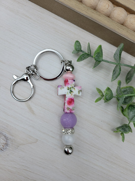 Pastel Floral Cross Barbell Keychain