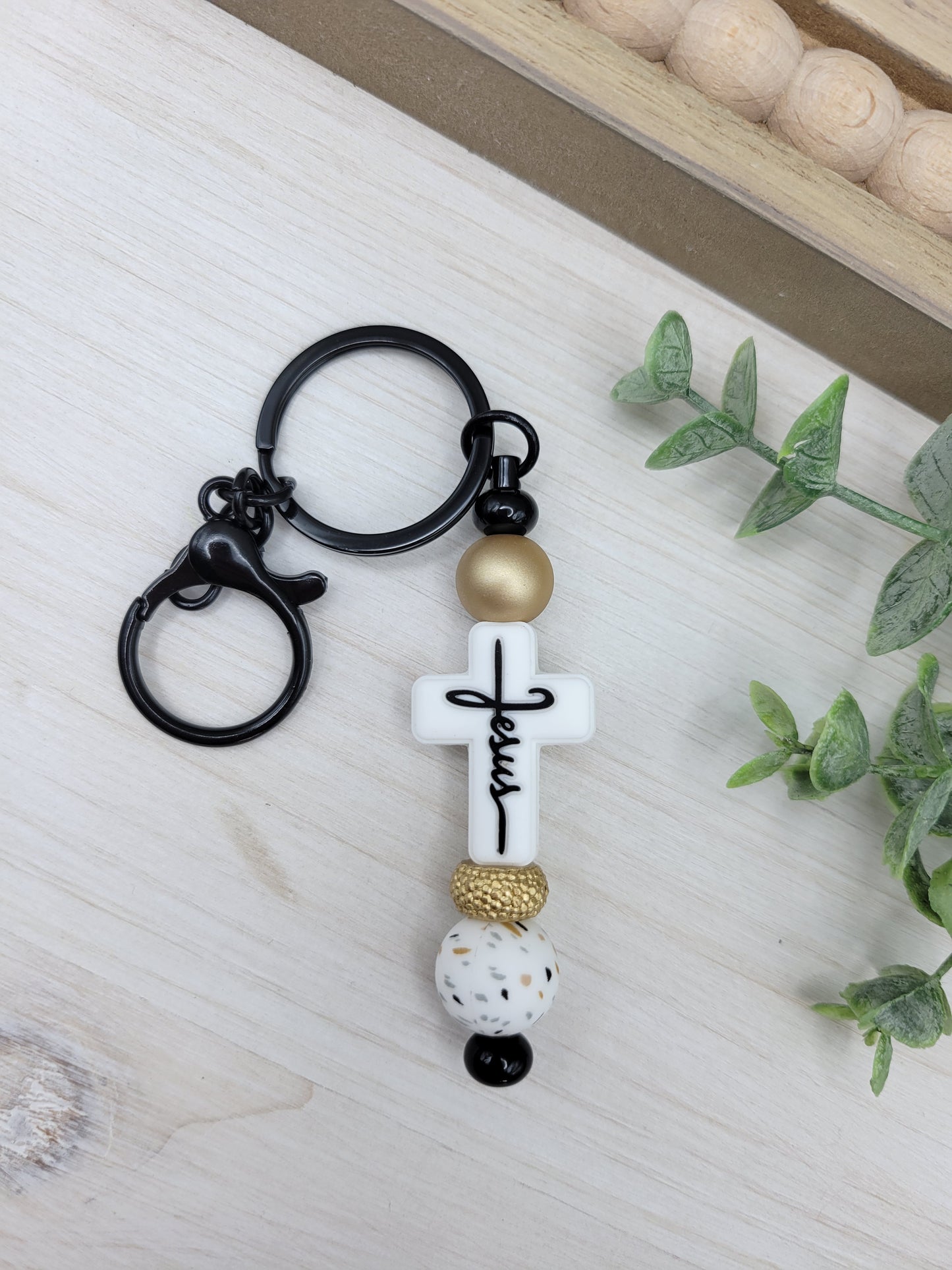 White Jesus Cross Barbell Keychain