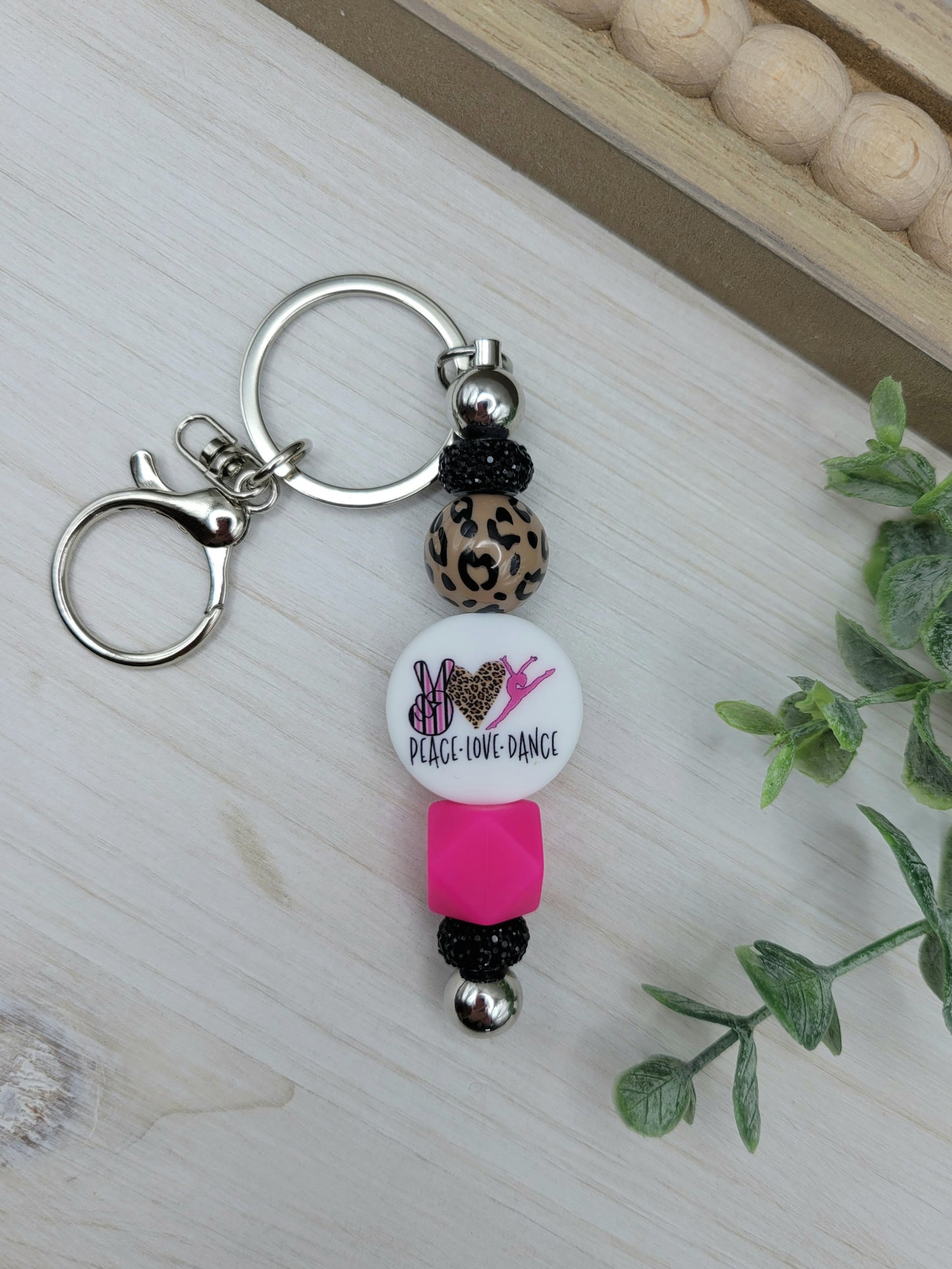 Peace Love Dance Leopard Barbell Keychain