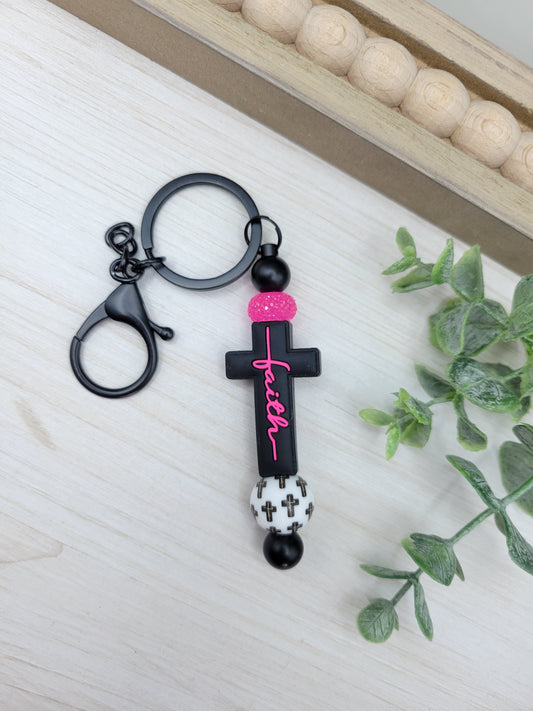 Hot Pink & Black Cross Barbell Keychain