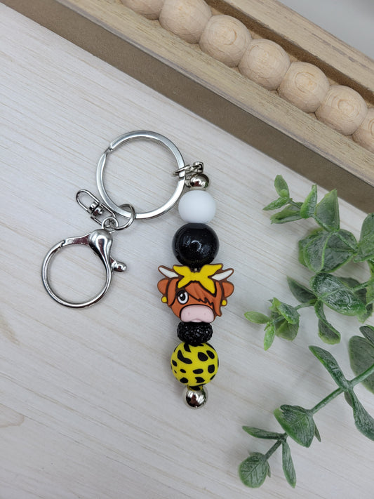 Highland Cow with Yellow Bow Barbell Keychain