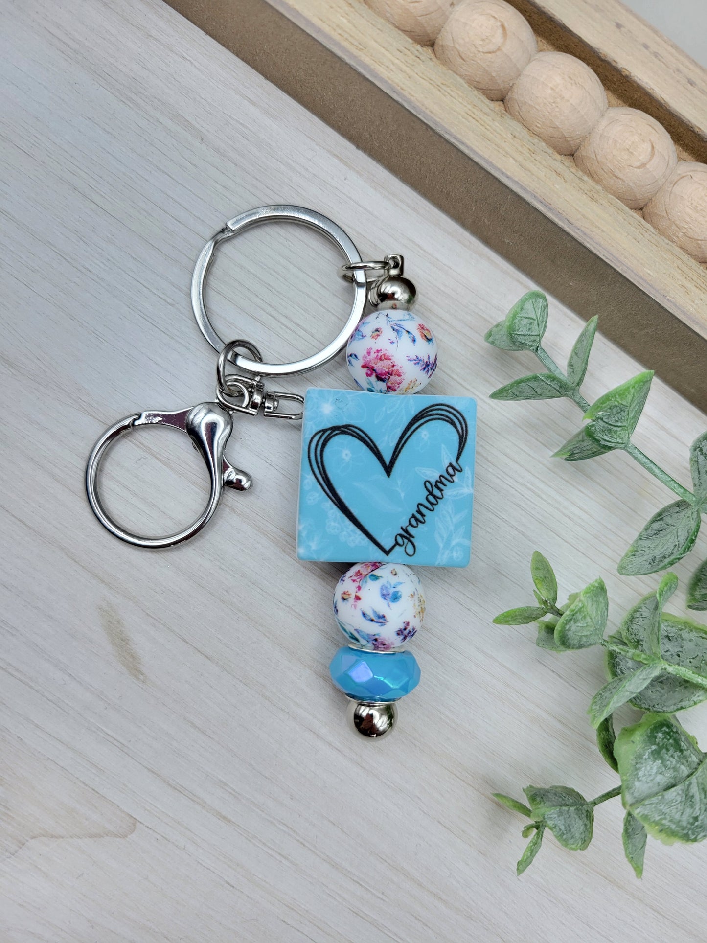 Blue Grandma Heart Barbell Keychain