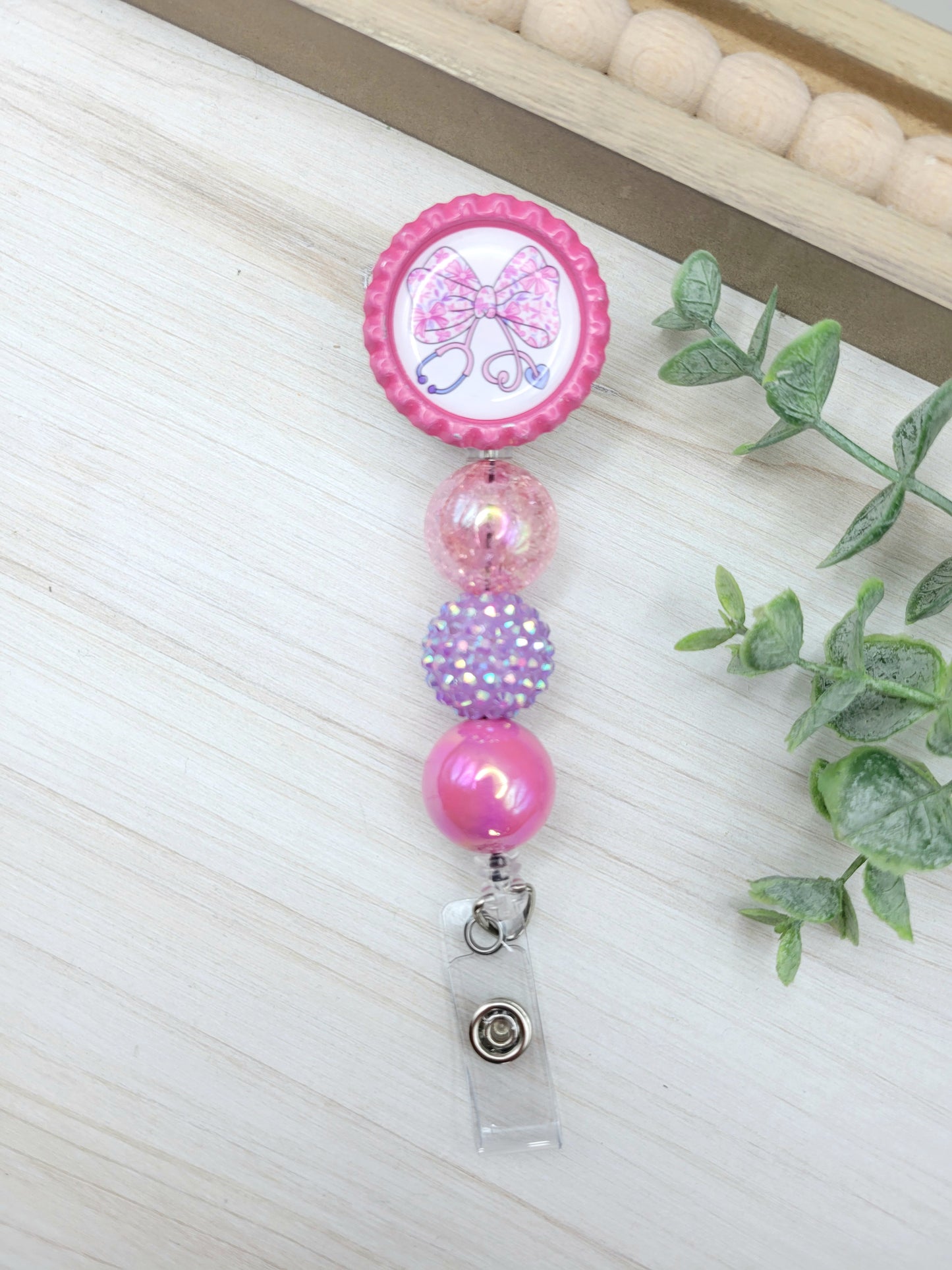 Pink Stethoscope Bow Badge Reel