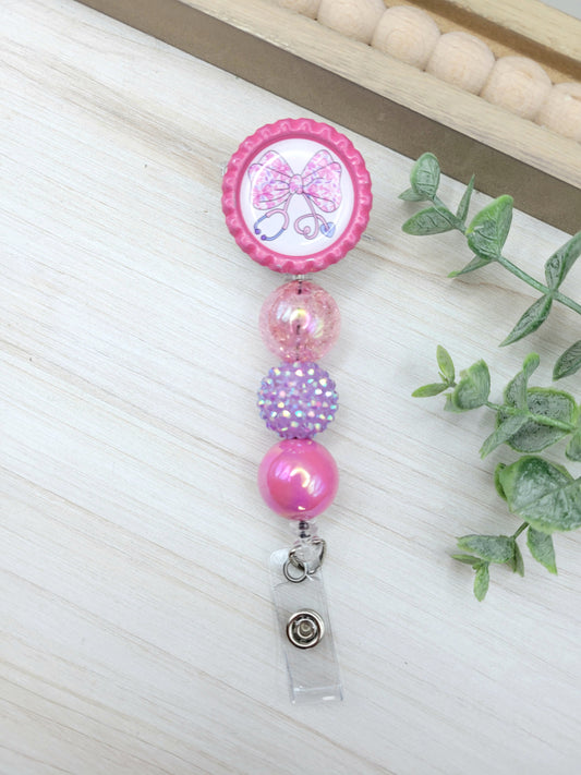 Pink Stethoscope Bow Badge Reel