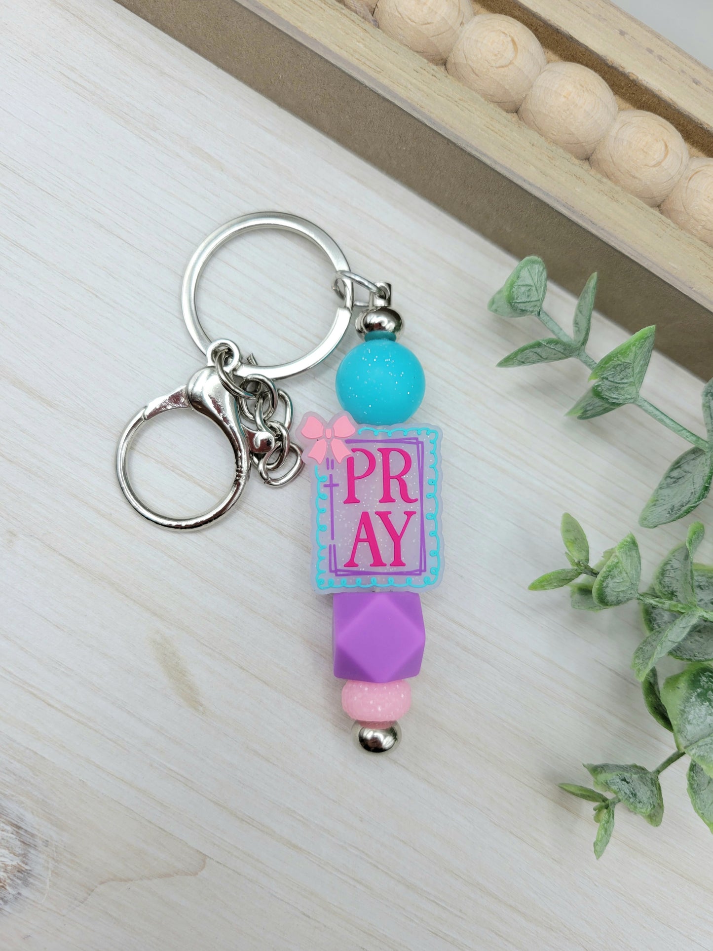 Clear Glitter PRAY Barbell Keychain