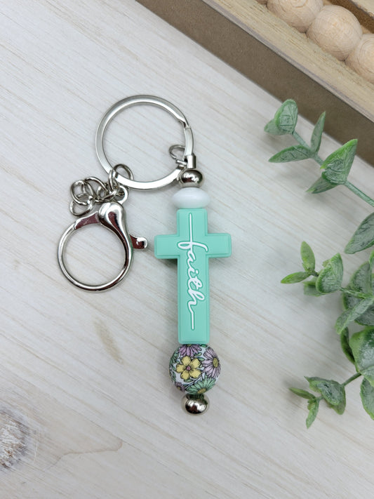 Mint Faith Cross Barbell Keychain