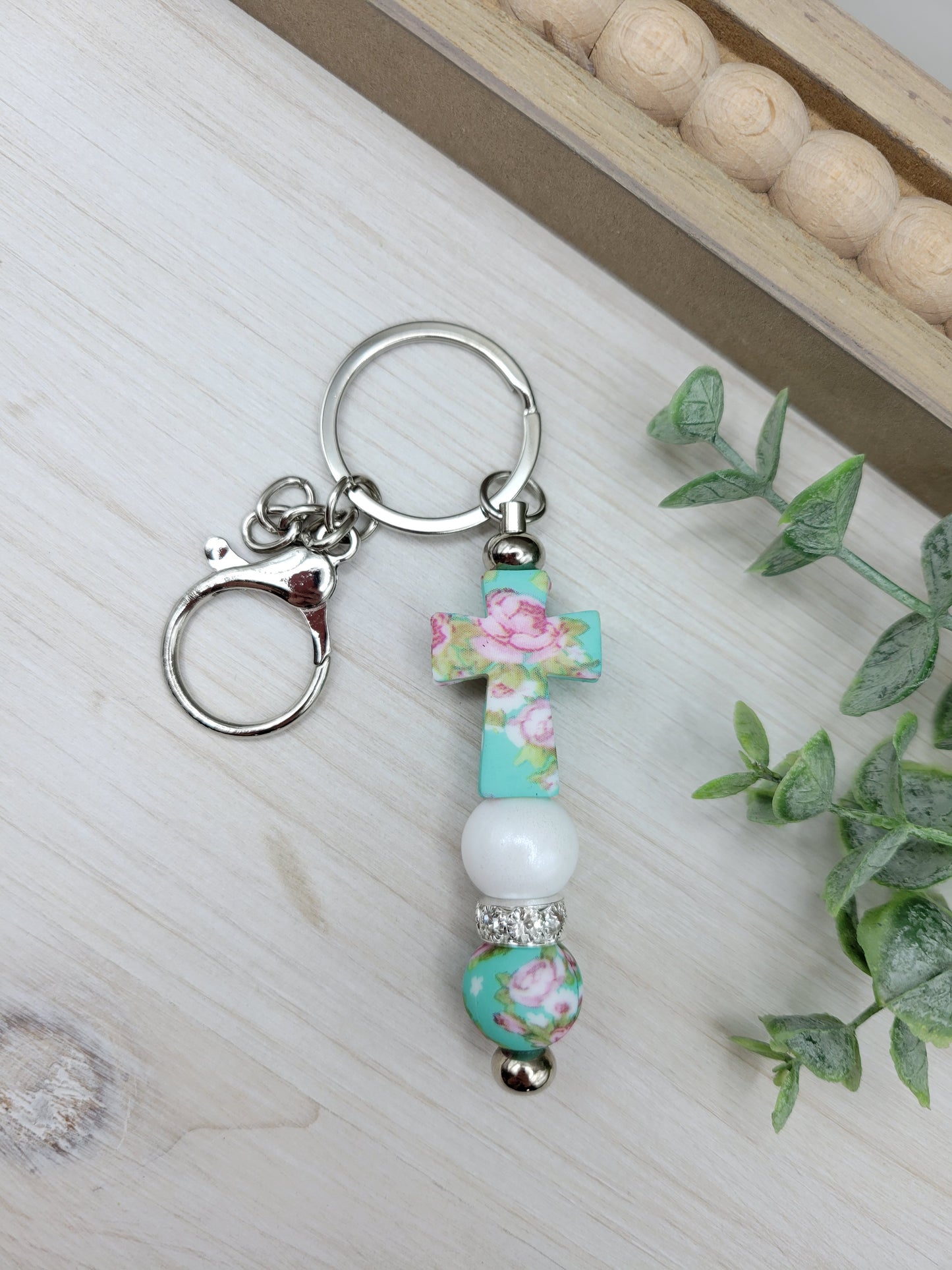 Mint Floral Cross Barbell Keychain