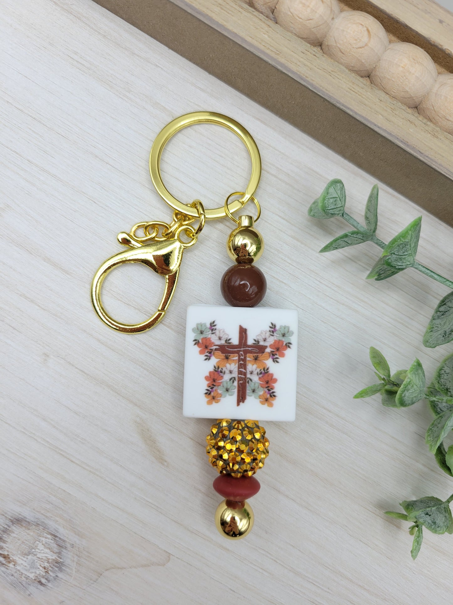 Brown Faith Cross Barbell Keychain
