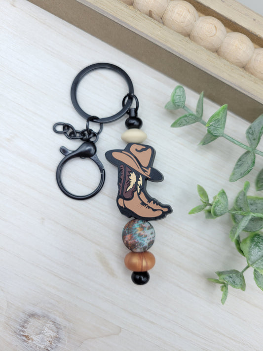 Brown Cowboy Boots Barbell Keychain
