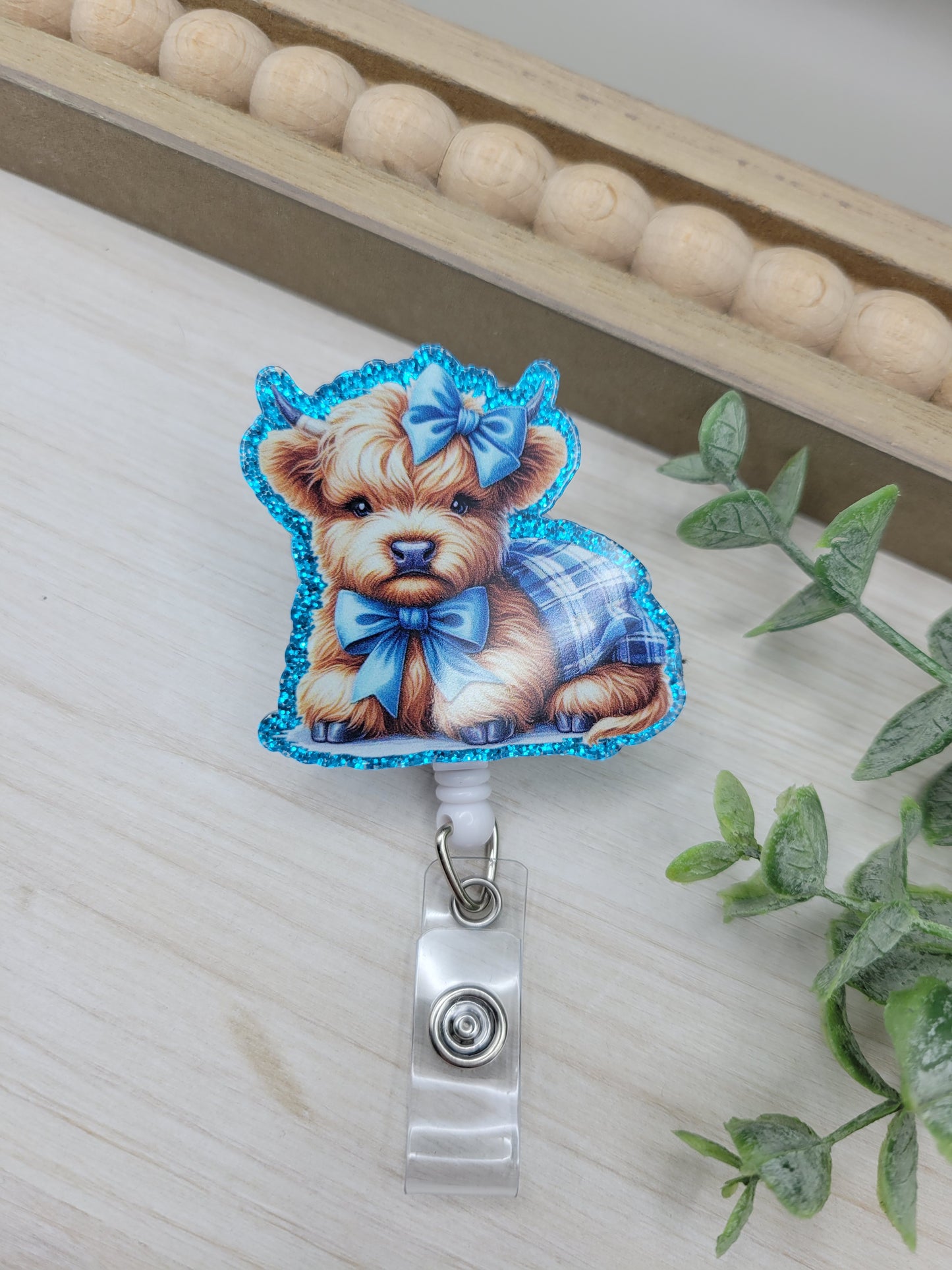 Teal Glitter Highland Cow Badge Reel