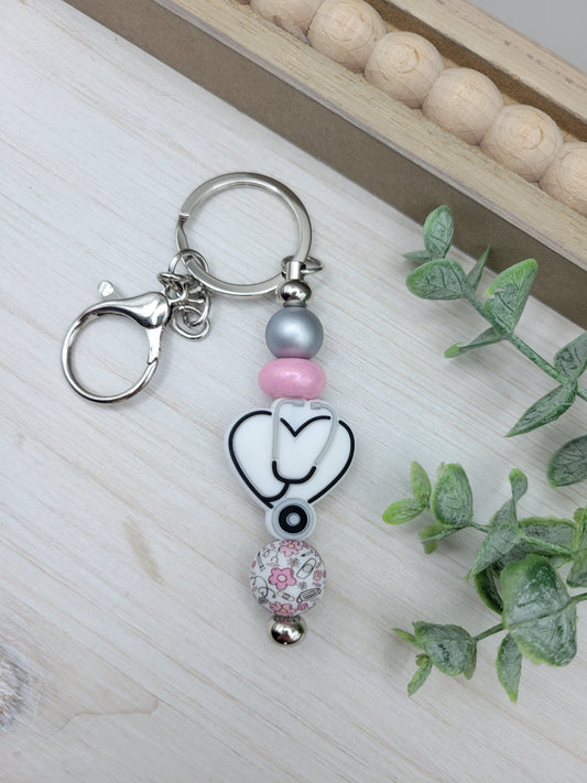White Stethoscope Barbell Keychain