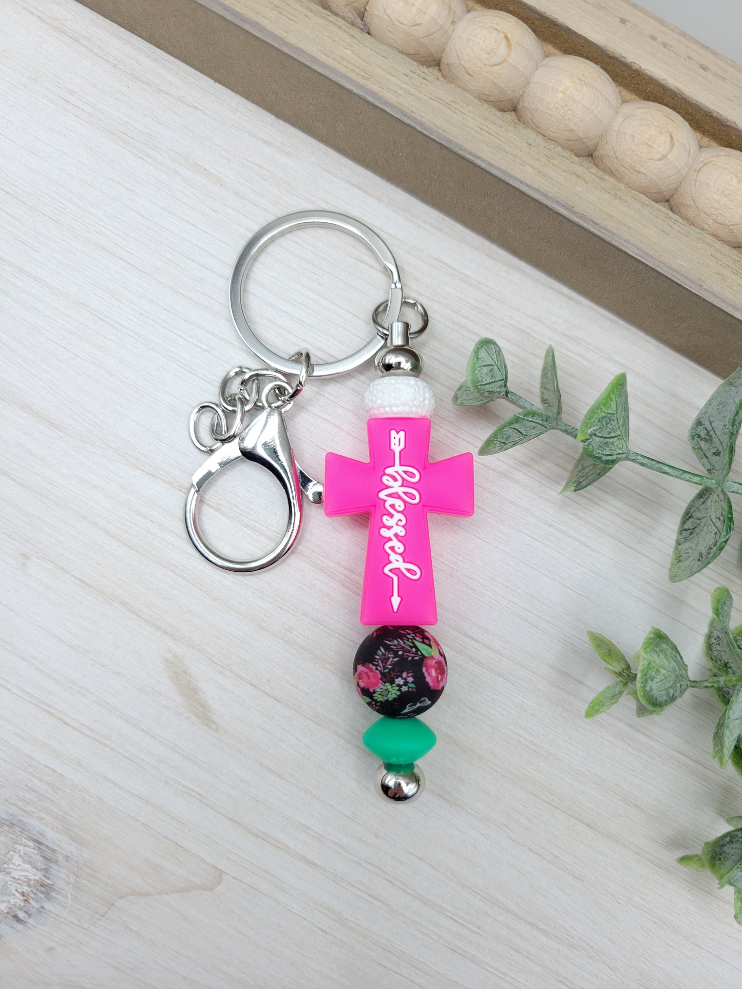 Hot Pink Blessed Cross Barbell Keychain