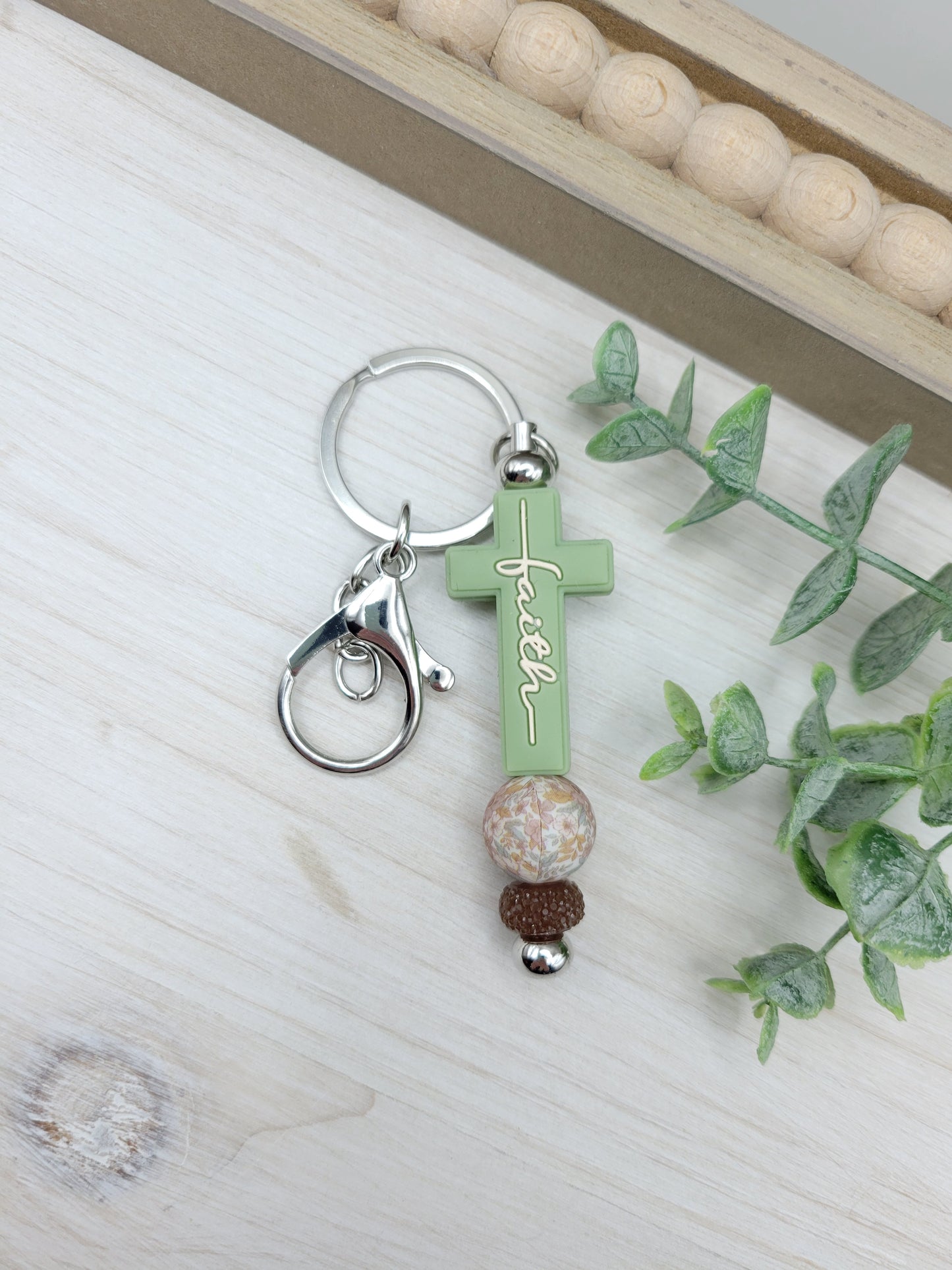 Sage Green Faith Cross Barbell Keychain