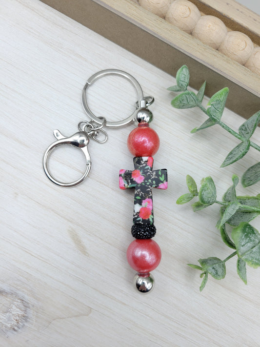 Red Floral Cross Barbell Keychain