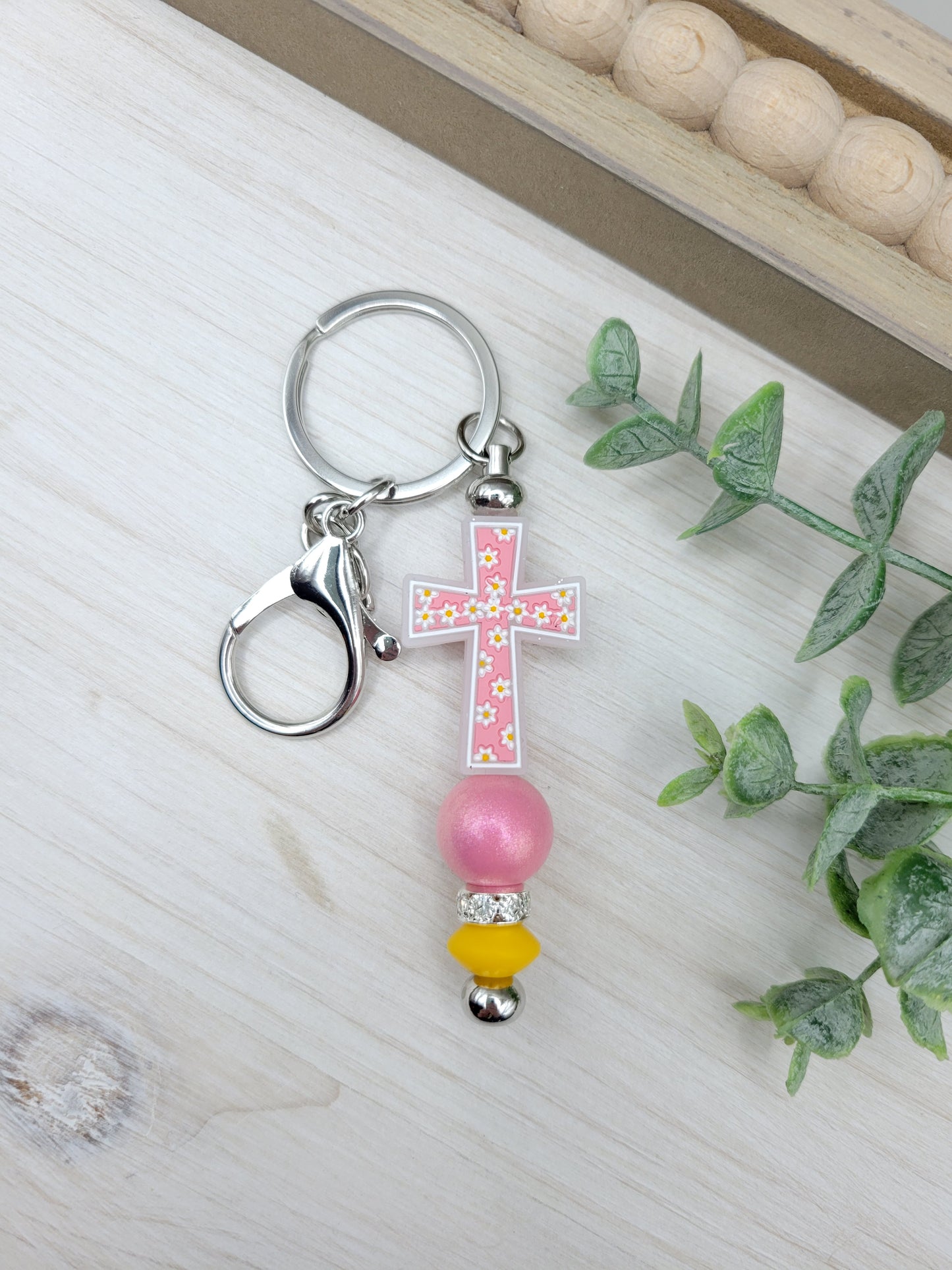 Pink Daisy Cross Barbell Keychain