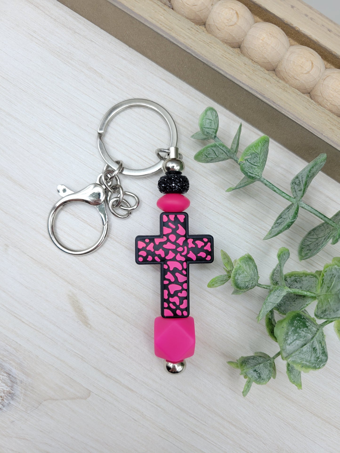 Hot Pink & Black Cross Barbell Keychain