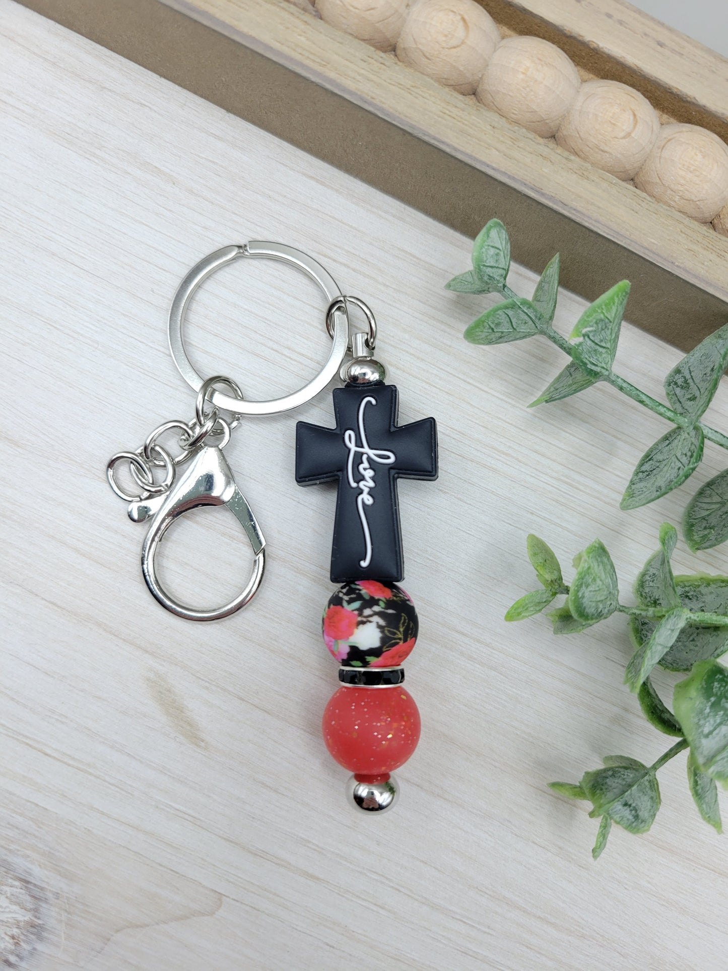 Black & Red Love Cross Barbell Keychain