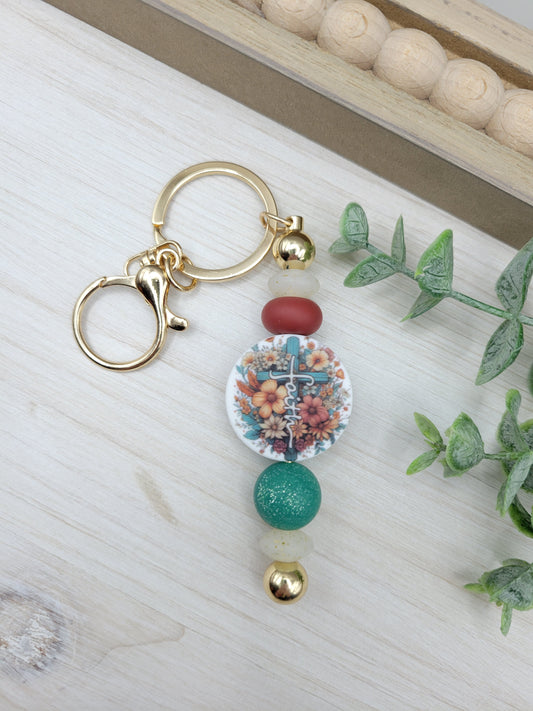 Round Floral Cross Barbell Keychain