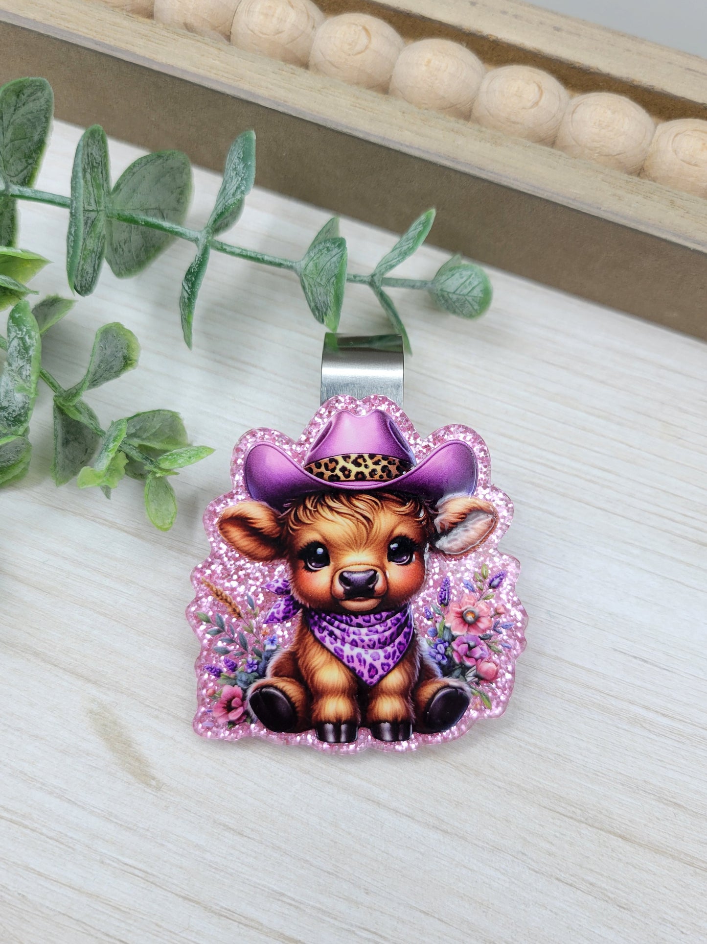 Purple Glitter Cow Car Sun Visor Clip
