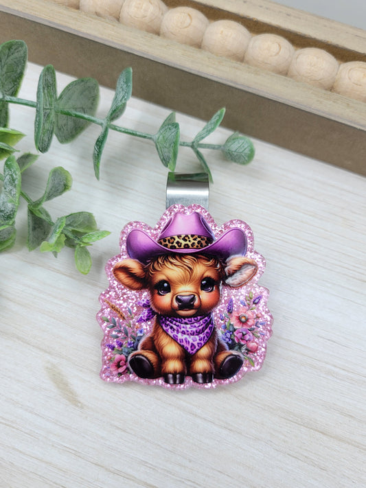 Purple Glitter Cow Car Sun Visor Clip