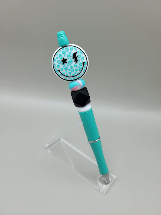 Teal Leopard Print Smiley Pen