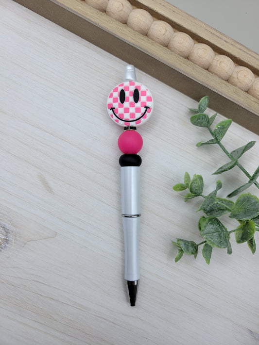 Pink Check Smiley Pen